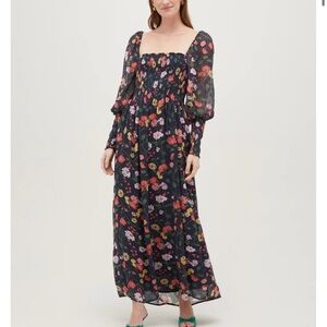 Hill House Floral Square-Neck Maxi Dress in Black with Multicolor Blooms